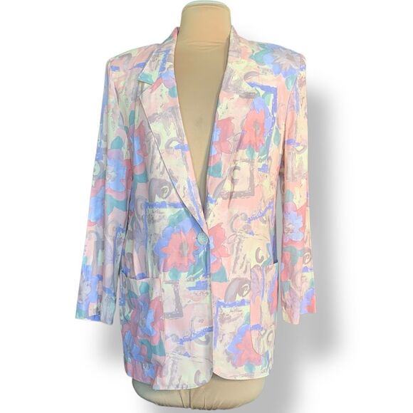 Vintage 90s Oversized Blazer Jacket Pastel Yellow Pink Abstract Floral Statement - Picture 11 of 11